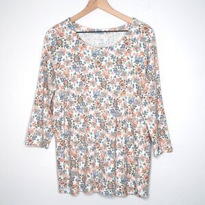 J.Jill Womens Pima T-Shirt Large Floral Blue Pink 3/4 Sleeve Scoop Neck Casual